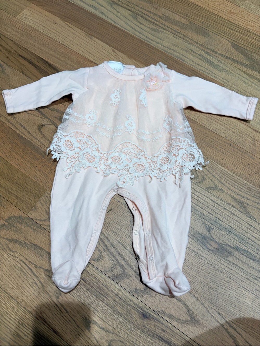 Biscotti brand baby girl light pink long sleeve onesie with lace
